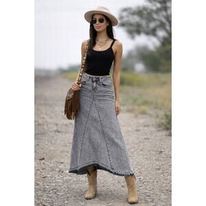 Wash Lab Pieced Denim Selma Skirt Acid Wash Midi Gray Charcoal 28 Jean